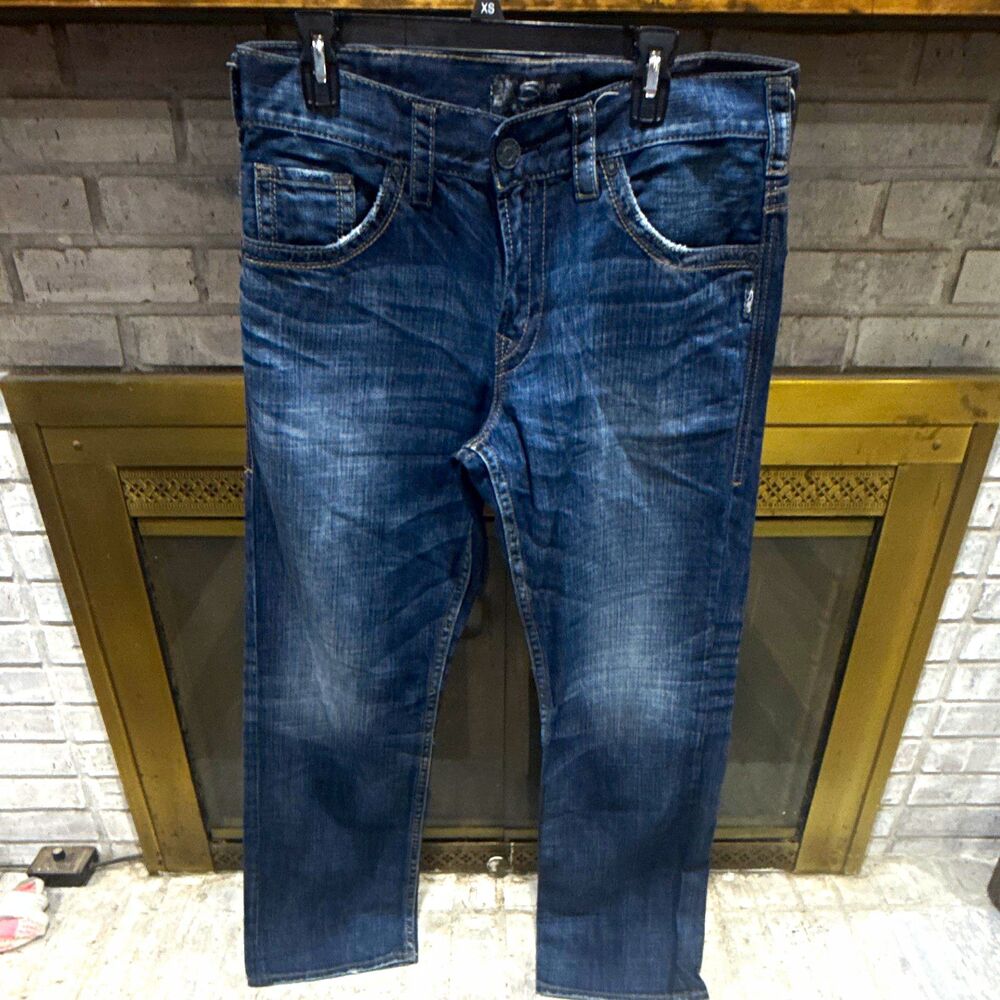 Silver Jeans Co. Men's Blue Denim Jeans Solid 5-Pocket Logo Accents Size 34